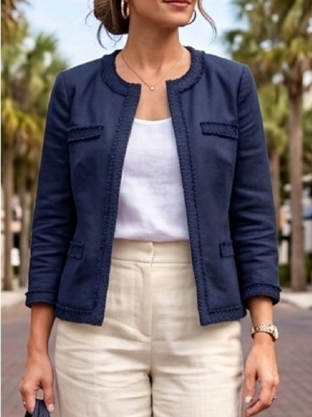 Talbots Linen Cotton Raw Hem Trim Navy Blue Snap Front Jacket 10